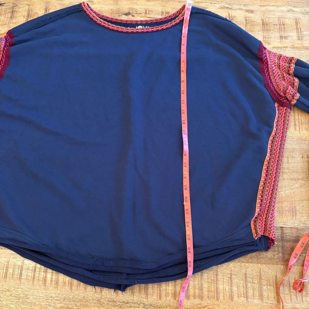 Natural Life Knit Trim Sweatshirt L/XL Boho Raw Edge Oversized Casual Navy Red - Picture 11 of 11